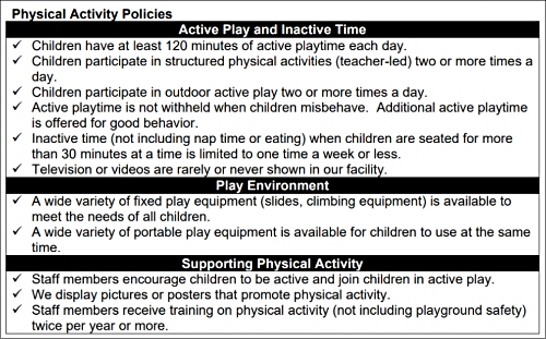 Sample policy for child care programs supporting physical activity of young children